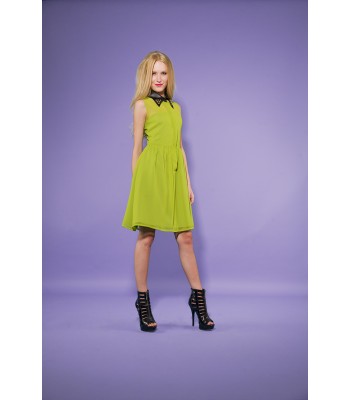 Studded Leather Collar Chiffon Dress - Lime Green